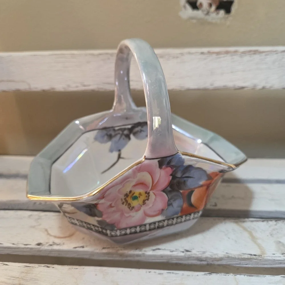 Vintage Lusterware Porcelain Basket with Hand-painted Floal Motif Japan Art Deco